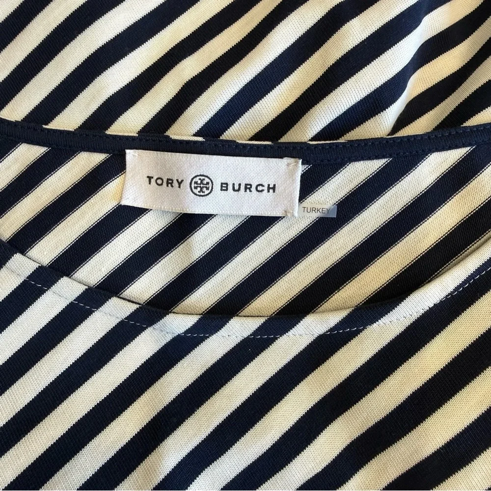 Tory Burch Striped T-Shirt Dress Navy Cream Nautical Pocket Shift Womens Medium